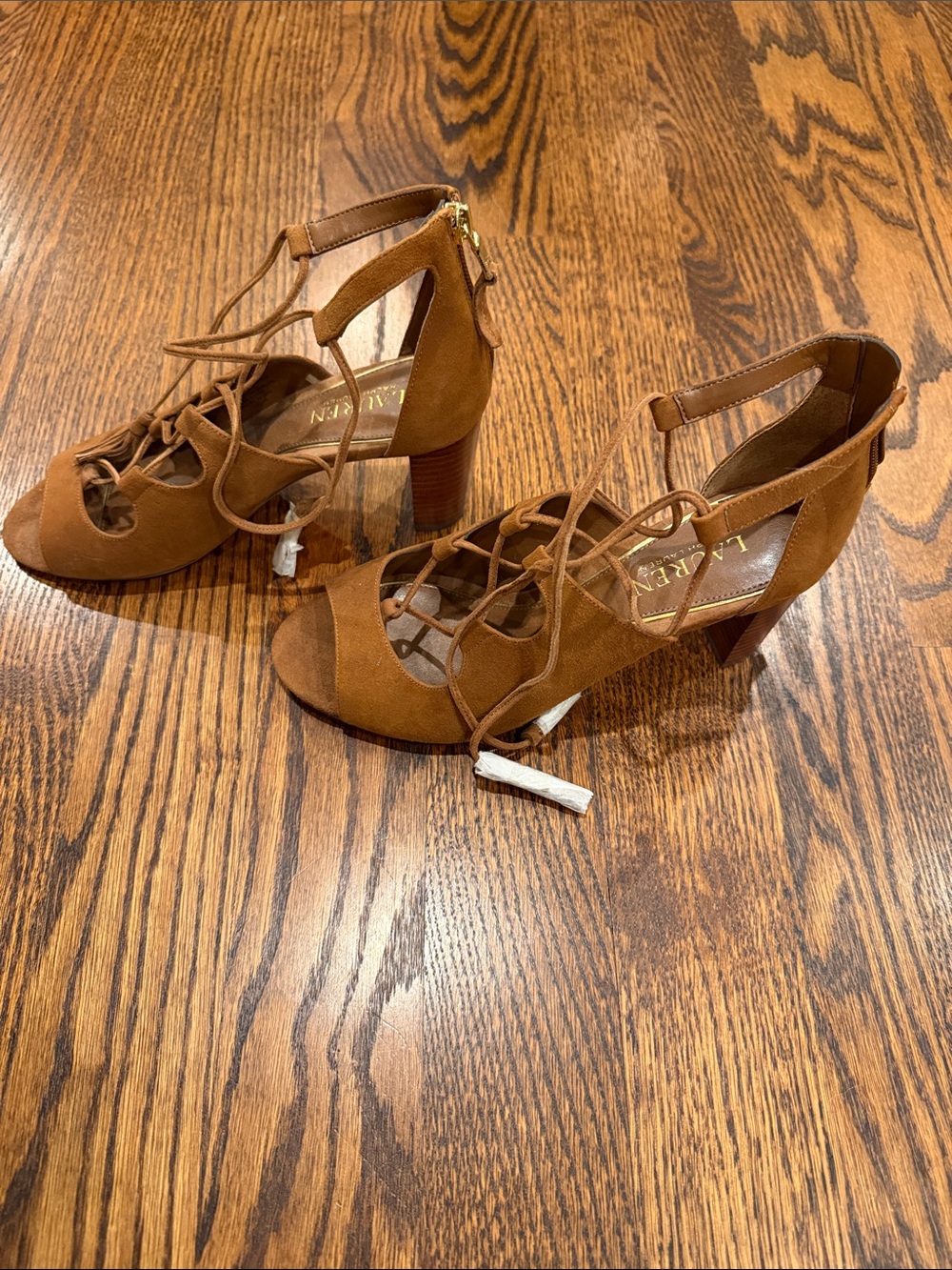 Lauren Ralph Lauren sz 7.5 Cognac Suede Lace-Up Block Heel Sandals fringe tassel